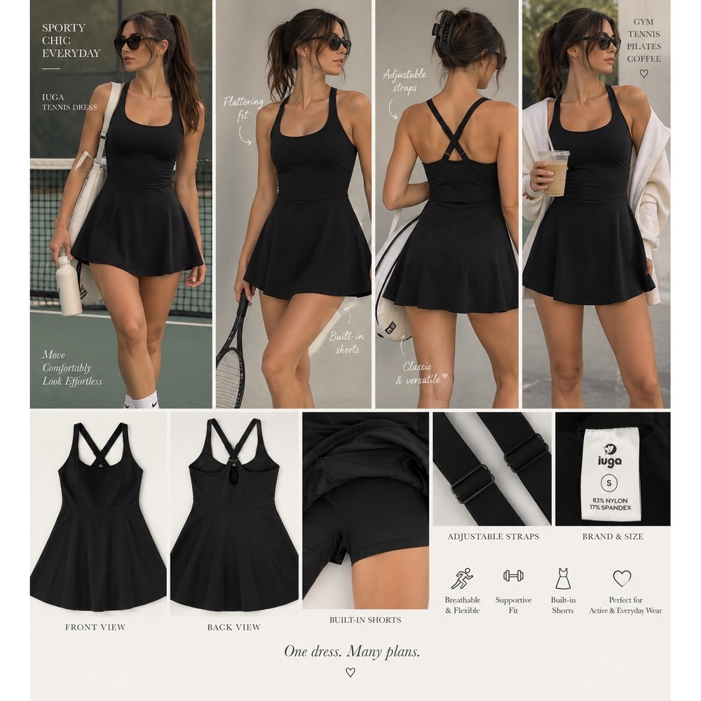 IUGA Black Active Exercise Dress with Built-in Shorts and Pockets Small